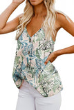 Summer Sleeveless Print V Neck Button Cami Top Light Green