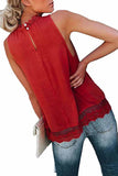 Casual Crochet Floral Lace Mock Neck Summer Tank Top Berry Red
