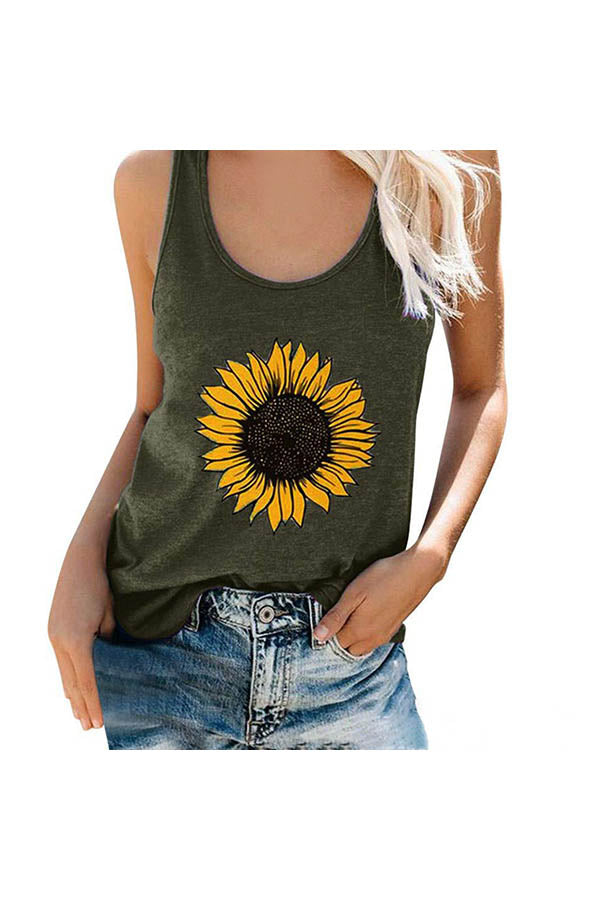 Women's Sunflower Print Summer Beach Tank Top Olive