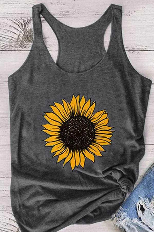 Women's Sunflower Print Summer Casual Tank Top Grey