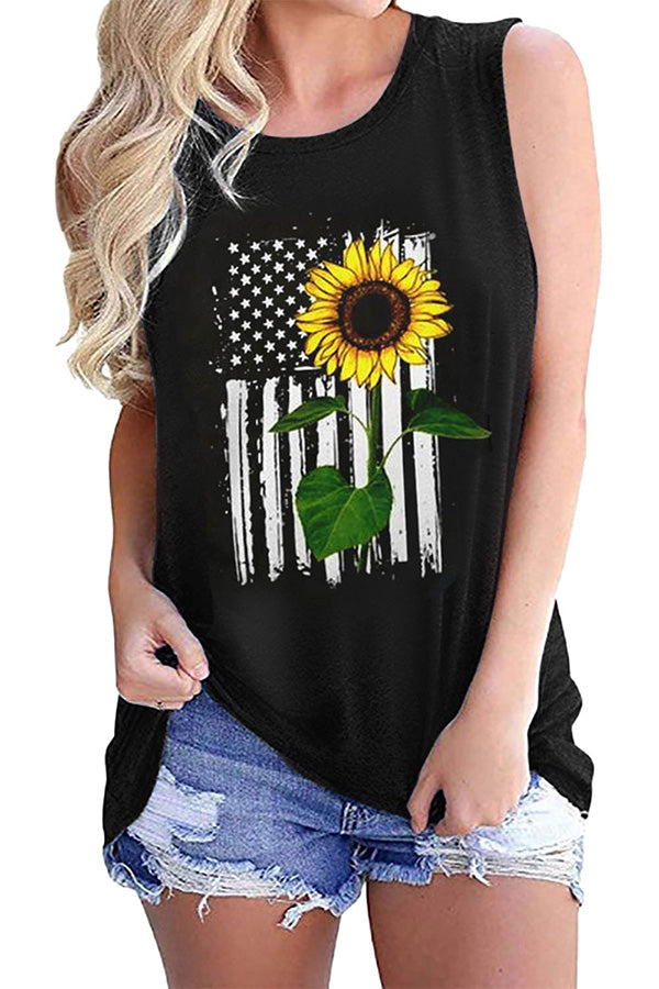 Casual Sunflower American Flag Print Tank Black