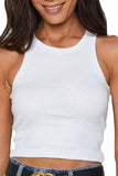 Solid Crew Neck Sleeveless Ribbed Crop Tank Top White