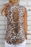 Casual Crew Neck Leopard Print Cut Out Tank Brown