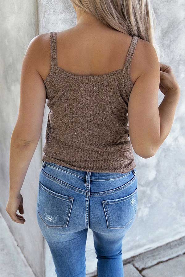 Buttoned Tie Knot Knit Camisole Top Brown