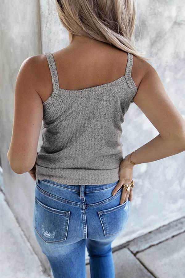 Button Down Tie Front Knit Cami Tank Top Gray