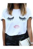 Womens Casual Eyelash and Lip Printed T Shirt White