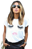 Womens Casual Eyelash and Lip Printed T Shirt White