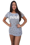 Crew Neck Short Sleeve Letter Print Cut Out T Shirt Gray
