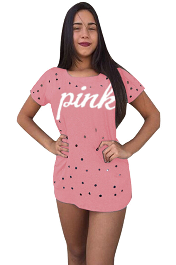 Crew Neck Short Sleeve Letter Print Cut Out T Shirt Pink