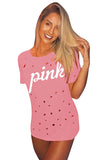 Crew Neck Short Sleeve Letter Print Cut Out T Shirt Pink