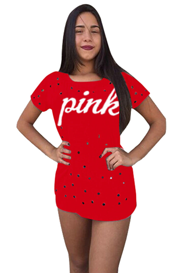 Crew Neck Short Sleeve Letter Print Cut Out T Shirt Red