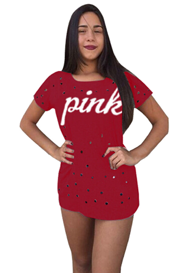 Crew Neck Short Sleeve Letter Print Cut Out T Shirt Ruby