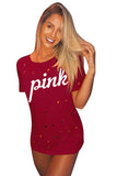 Crew Neck Short Sleeve Letter Print Cut Out T Shirt Ruby