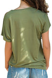 Short Sleeve One Shoulder Criss Cross Sequin Loose Plain T-Shirt Olive
