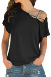 Short Sleeve One Shoulder Criss Cross Sequin Loose Plain T-Shirt Black