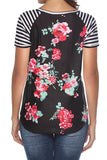 Crew Neck Short Sleeve Striped Floral Print T-Shirt Black