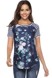 Crew Neck Short Sleeve Striped Floral Print T-Shirt Navy Blue