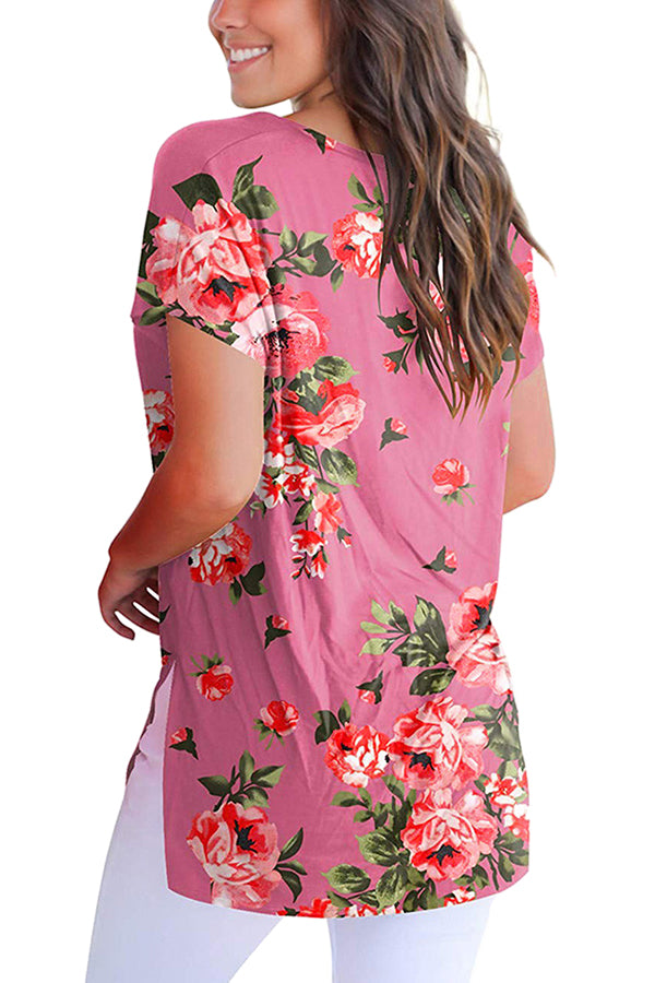 Crew Neck Floral Print Short Sleeve T-Shirt Pink