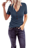 Solid V Neck Short Sleeve Ribbed T-Shirt Blue
