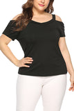 Plus Size Short Sleeve Cold Shoulder Plain T-Shirt Black