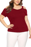 Plus Size Short Sleeve Plain Cold Shoulder T-Shirt Ruby