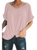 Casual V Neck Rolled Short Sleeve Twist T-Shirt