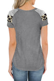 Short Sleeve Striped Leopard Print T-Shirt Gray