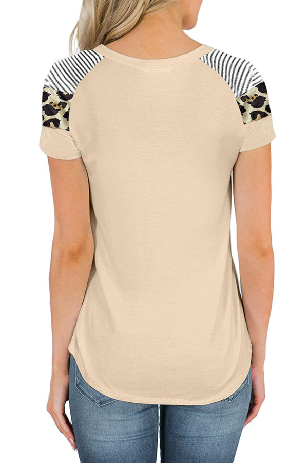 Short Sleeve Striped Leopard Print T-Shirt Khaki