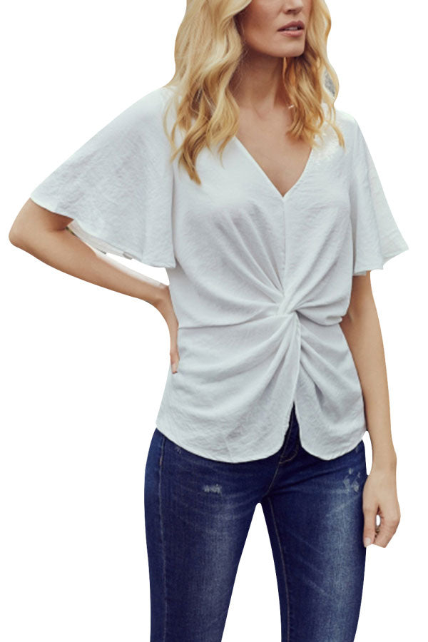 Solid V Neck Bell Sleeve Twist Ruffle Blouse T-Shirt White