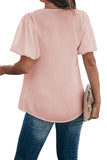 Solid Casual Deep Neck Short Lantern Sleeve Blouse Pink