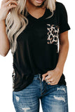 Casual V Neck Leopard Print Block T-Shirt With Pocket Black