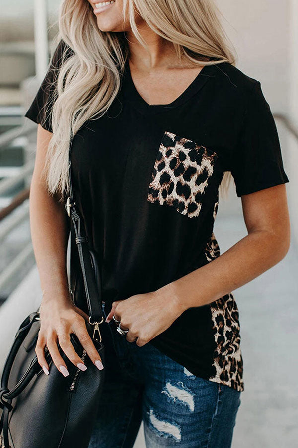 Casual V Neck Leopard Print Block T-Shirt With Pocket Black