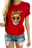 Women's Skull Sunflower Print Short Sleeve T-Shirt Red