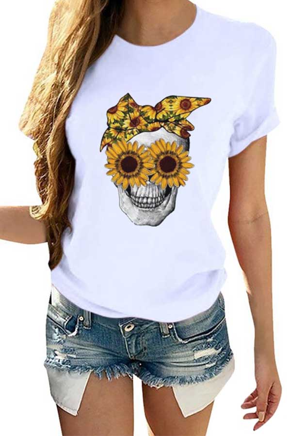 Women's Summer Casual Sunflower Skull Print T-Shirt White