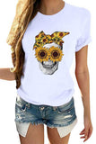 Women's Summer Casual Sunflower Skull Print T-Shirt White