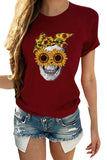 Crew Neck Sunflower Skull Print Short Sleeve T-Shirt For Women