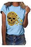 Plus Size Round Neck Sunflower Skull Print Short Sleeve Summer Casual Tee Blue