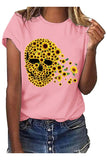 Plus Size Women's Crew Neck Sunflower Skull Print Short Sleeve Tee Pink