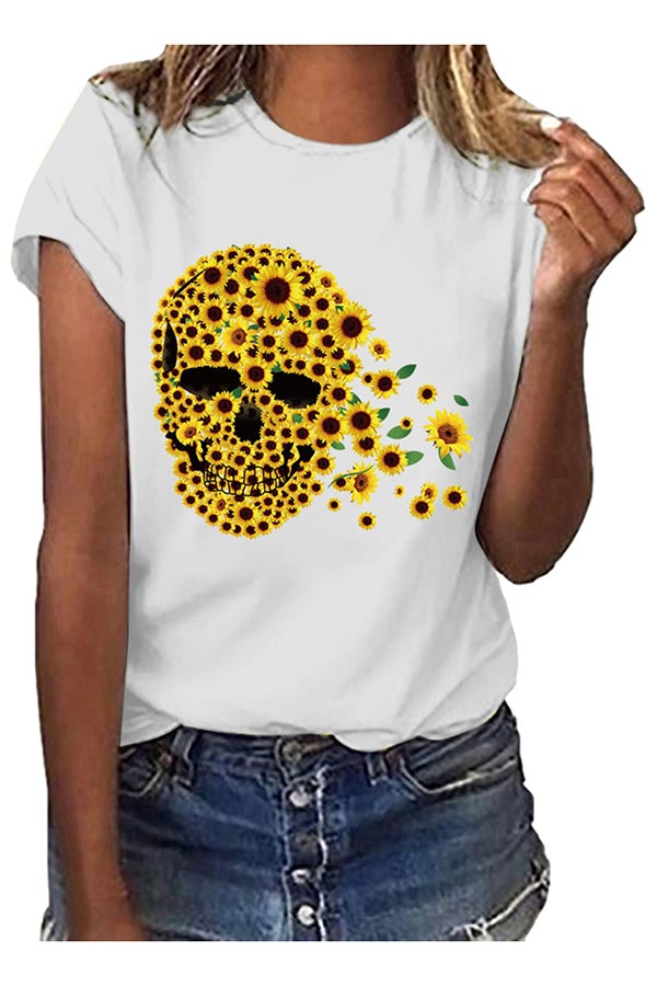 Plus Size Round Neck Sunflower Skull Print Short Sleeve Casual Tee