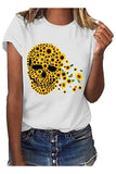Plus Size Round Neck Sunflower Skull Print Short Sleeve Casual Tee