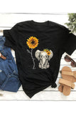 Women's Casual Sunflower Elephant Print Crew Neck T-Shirt Black
