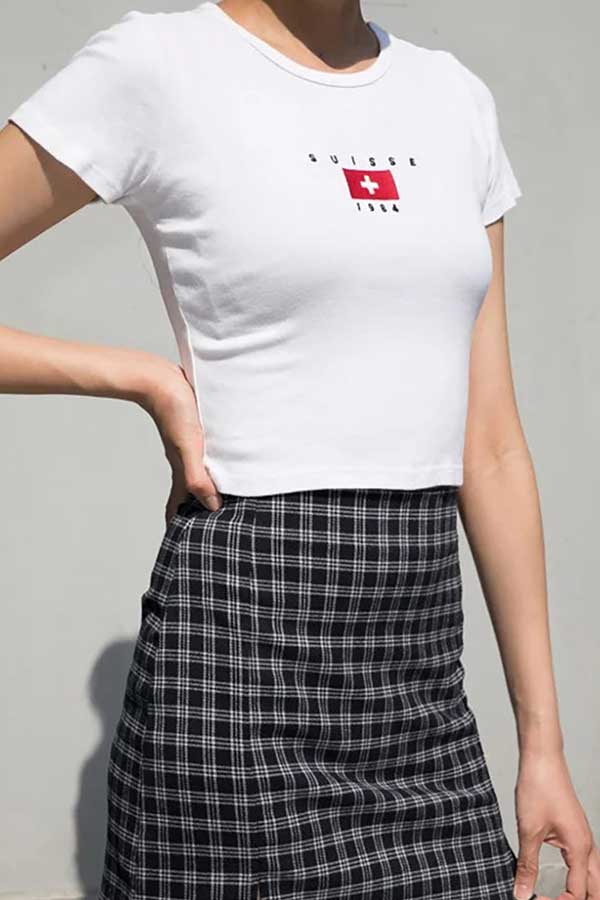 Women's Round Neck Short Sleeve Flag Print Slim Fit Crop Top