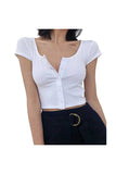 Women's Short Sleeve Button Down Crop Top Slim Fit Shirt