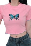 Women's Summer Butterfly Print Crew Neck Short Sleeve Crop Top