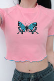 Women's Summer Butterfly Print Crew Neck Short Sleeve Crop Top