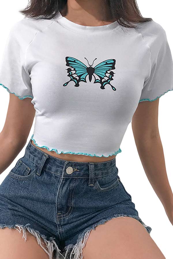 Women's Sexy Butterfly Print Slim Fit Short Sleeve Crop Top