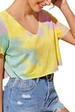 Women's V Neck Short Sleeve Tie Dye Print Crop Top T-Shirt