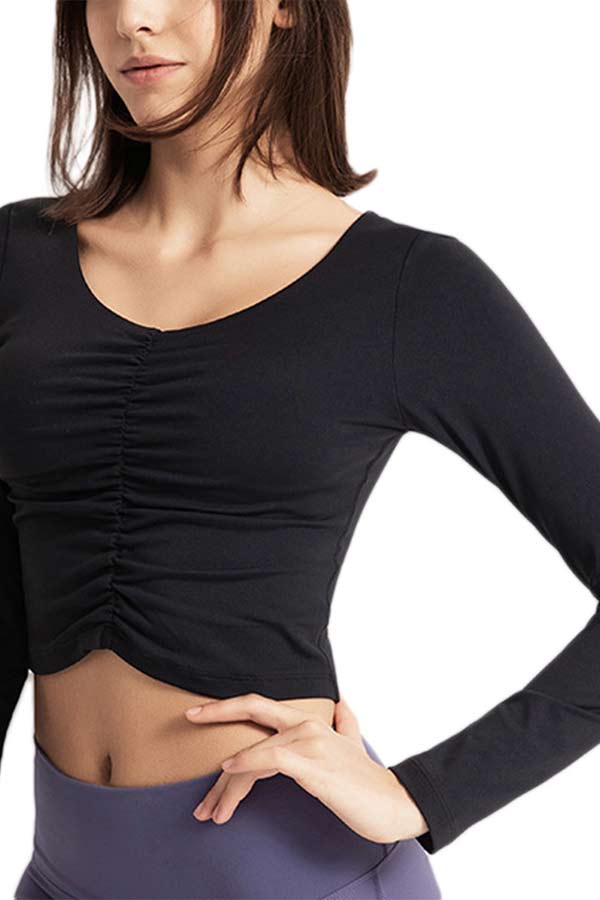 Women's Solid Crew Neck Ruched Long Sleeve Casual Crop Top