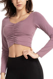 Women's Yoga Gym Crop Top Long Sleeve Ruched Workout Top