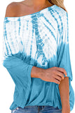 One Shoulder Tie Dye Batwing Long Sleeve Blouse Light Blue